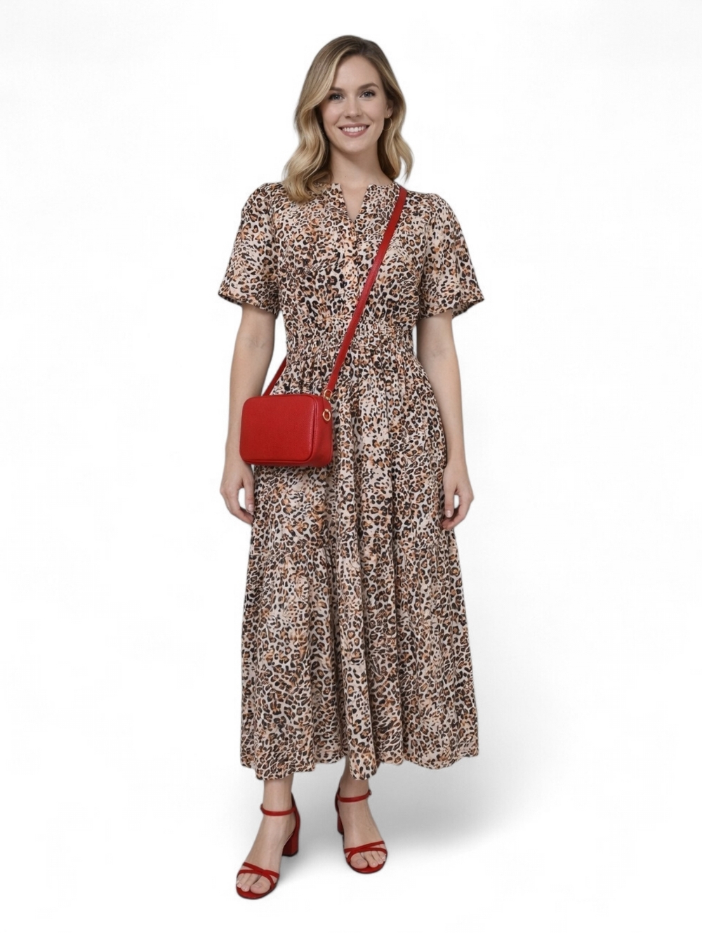 Animal Print Short Sleeve Midi Dress w Pockets
